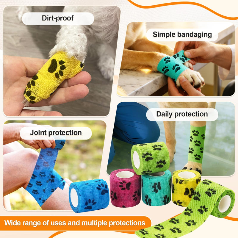 10 Pack Self Adhesive Bandage Wrap，2" X 5 Yards Elastic Cohesive Bandage Wrap Non-Woven Tape Breathable First Aid Tape,Vet Wrap for Horses Dogs Pets,Cat, Bird, Animal（5 Colors ） (Claw Print) Claw Print