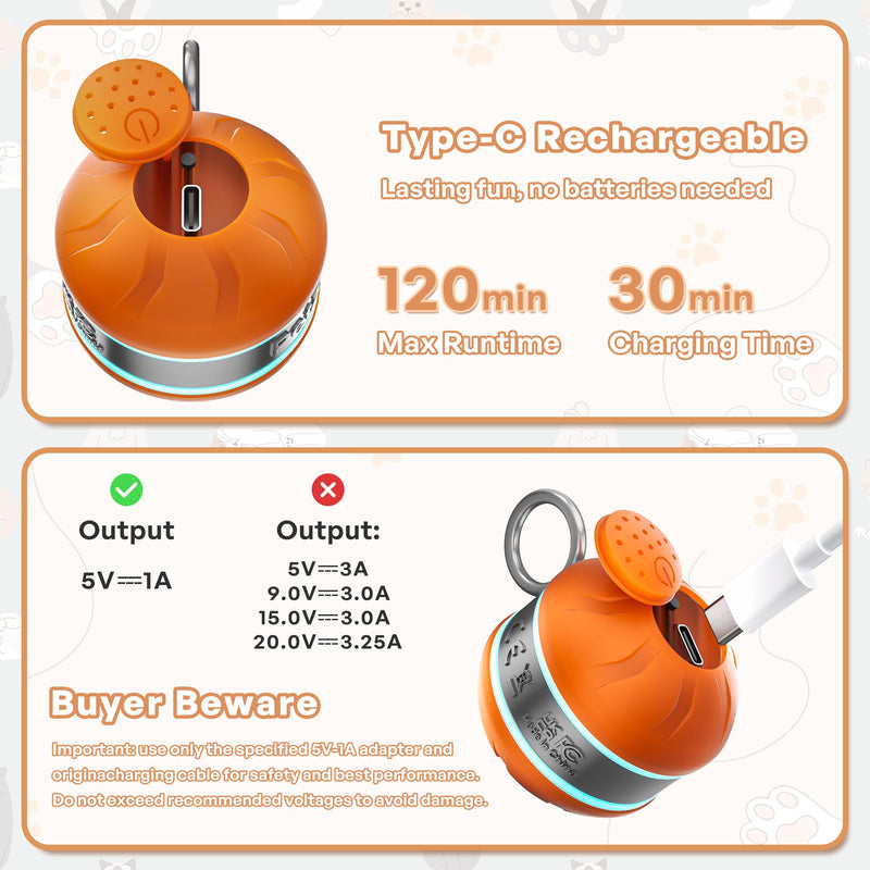 Speedy 2.0 Tail Interactive Cat Toys for Bored Indoor Adult Cats with 3 Tails,Automatic Cat Toy Ball Self Moving Chirping,Smart Kitten Rechargeable Cat Ball for Enrichment Exercise Essentials(Orange) Orange - PawsPlanet Australia