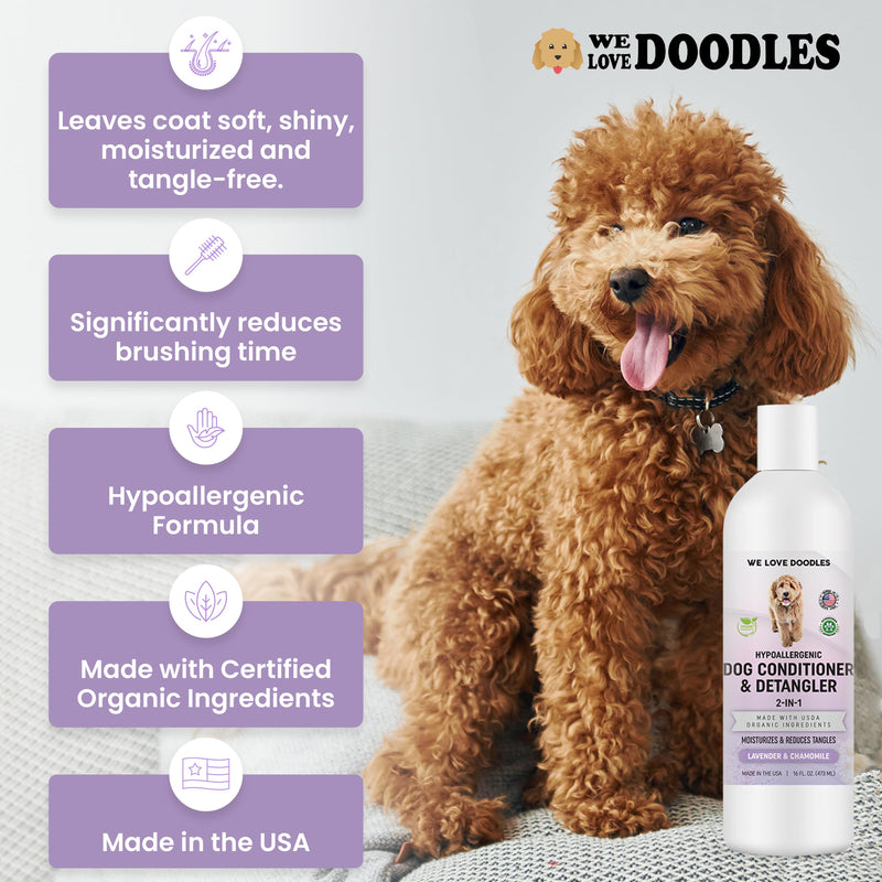 We Love Doodles Dog Conditioner & Grooming Set- 2-in-1 Lavender and Chamomile Conditioner for Allergies & Itching, Removes Tangles & Matts, Dematting Pet Combs, Detangler for Matted Hair