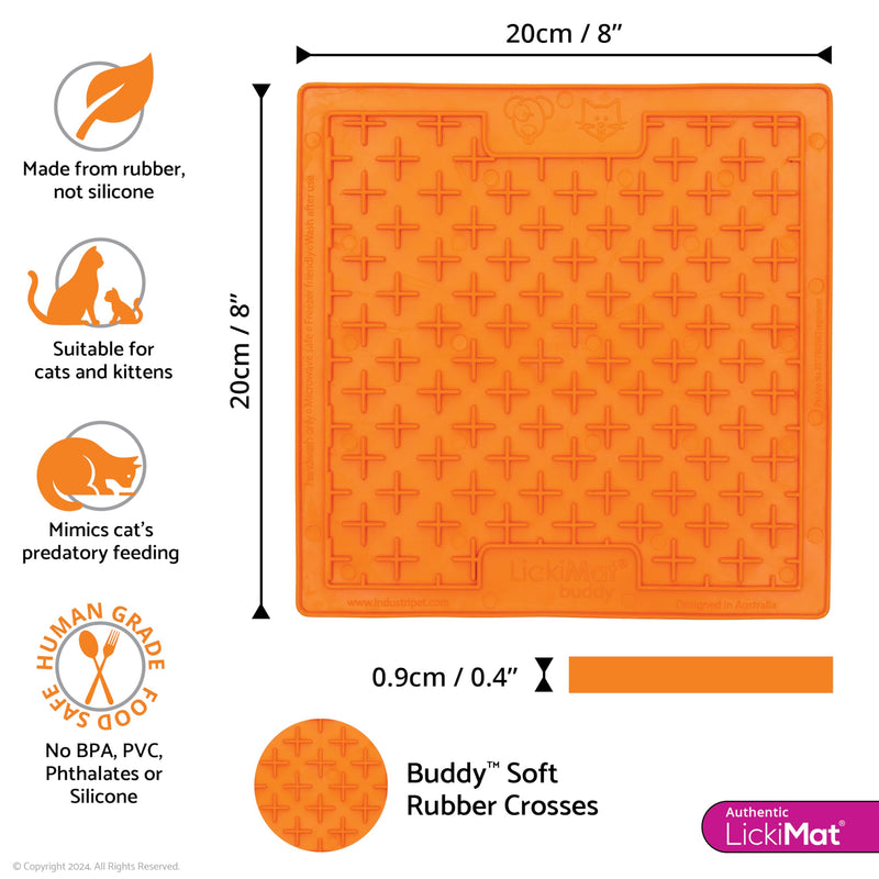 LickiMat Classic Buddy, Cat Slow Feeder Lick Mat, Boredom Anxiety Reducer; Perfect for Food, Treats, Yogurt, or Peanut Butter. Fun Alternative to a Slow Feed Cat Bowl or Dish, Orange