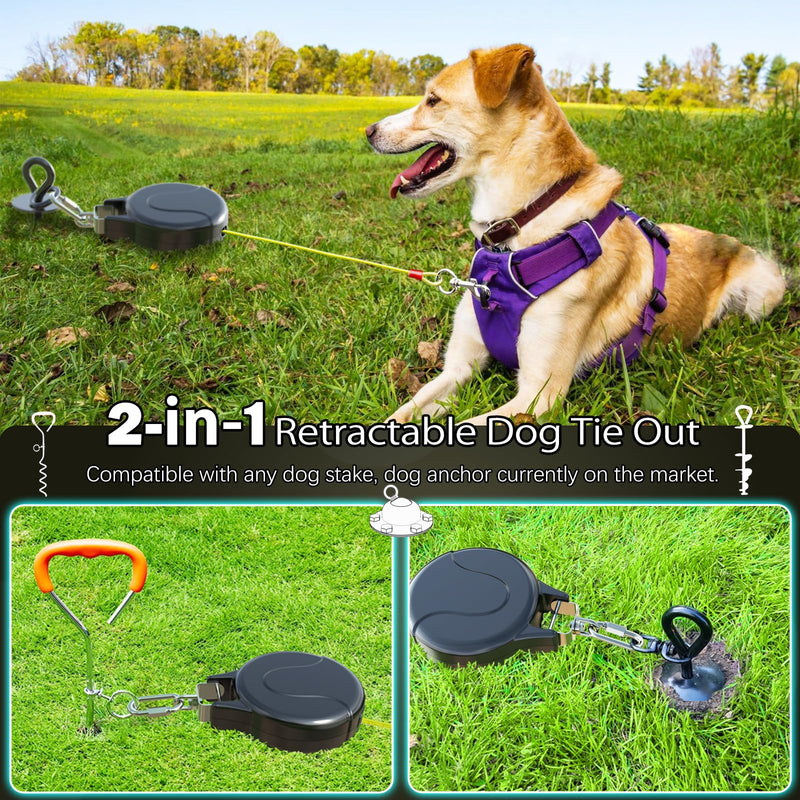 30ft Retractable Dog Tie Out Cable - 2-in-1 Retractable Dog Tie Out for Dog Zipline,Aerial Run Cable,Dog Tie Out Trolley Or Dog Stake Dog Anchor, No Tangle Retractable Tie Out Reel for Camping Or Yard 30FT Black