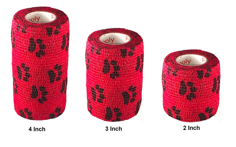 Vet Wrap Wrap Tape (Red with Paw Prints) (2 Pack) (3 Inch x 15 feet) Self Adhesive Adherent Adhering Cohesive Flex Self Stick Bandage Grip Roll Dog Cat Pet Horse 2 Rolls Red With Black Paws - PawsPlanet Australia