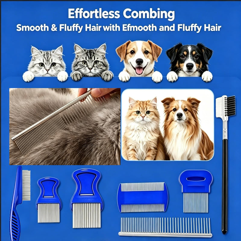 7 Pack Flea Comb, Stainless Steel Pet Professional Double Sided Tear Stain Remover, Dog Cat Grooming Combs with Rounded Tooth, Dematting Tool for All Types of Small, Medium, Large Pets