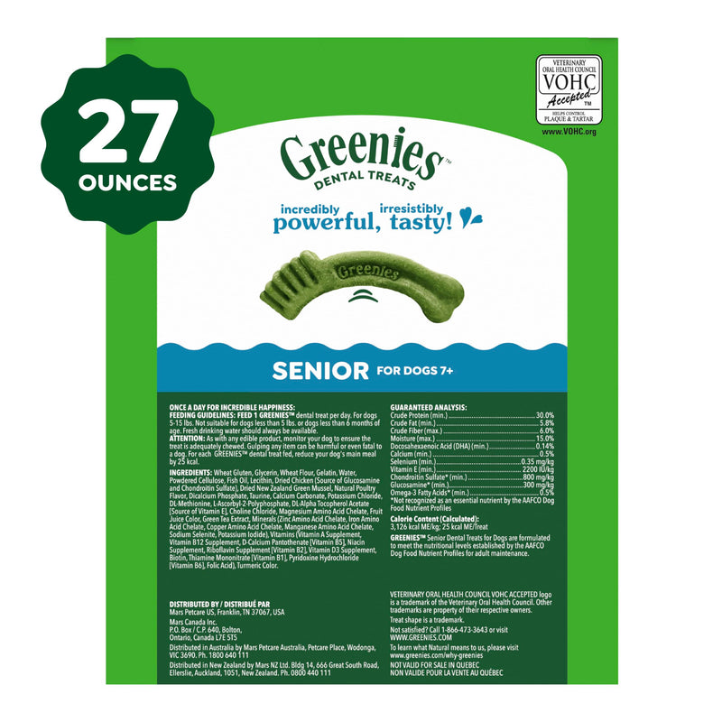 Greenies Dental Treats for Dogs, Veterinarian-Recommended Aging Care Adult Natural Dental Dog Treats, Teenie Size, 27 oz. Pack, 96 Count 96 Count (Pack of 1)