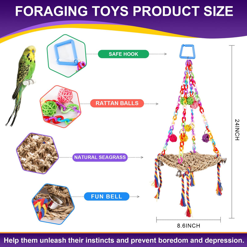 Bird Parakeet Foraging Toys 2PCS - Parrot Cage Accessories Stuff, Natural Woven Climbing Perch Nest, Chewing Toys for Budgerigars, Conure, Cockatiel, Finch, Lovebirds, and Medium, Small Birds