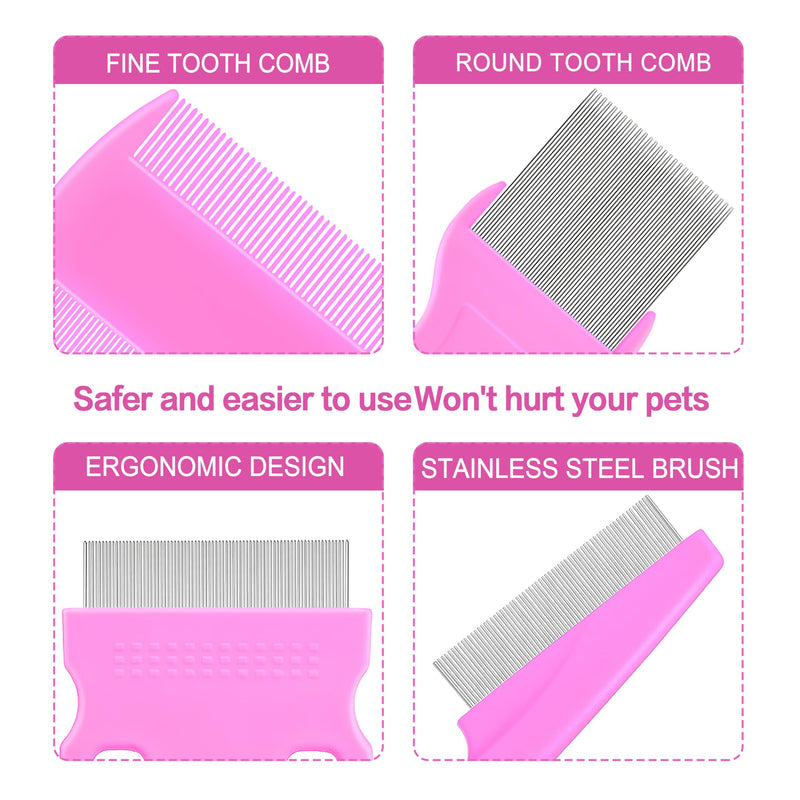 5 Pack Flea Lice Comb,Stainless Steel Dog Cat Grooming Combs With Rounded Teeth,Double-Sided Tear Stain Remover,Dematting Comb For Dogs Cats Ideal For All Types Of Small, Medium, Large Pets (Pink) Pink - PawsPlanet Australia