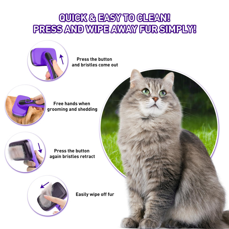 Dog Brush for Shedding, Self-Cleaning Slicker, 4 PCS Kit with Bath Brush, Flea & Steel Combs, Ideal for Short & Long Haired Pets, Removes Mats, Tangles, Fur, Gentle on Skin. Purple Purple 4 in 1 - PawsPlanet Australia
