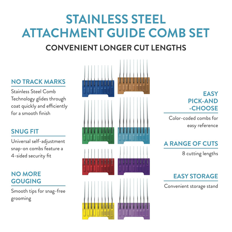 Wahl Stainless Steel Comb Set, Coloured Attachment Combs, For Wahl Arco, Belisima, Bravura and Chromstyle, Clipper and Trimmer Accessories, Storage Caddy Stainless Steel Comb Attachments
