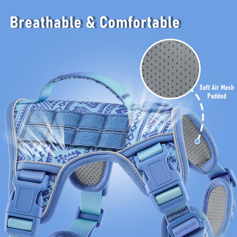 No Pull Dog Harness for Large Dogs with 2 Metal Clips, Easy On/Off with Neck Buckle, Heavy Duty Adjustable Tactical Puppy Vest, Breathable Pet Harness with Easy Control Handle, Blue L Blue Ethnic
