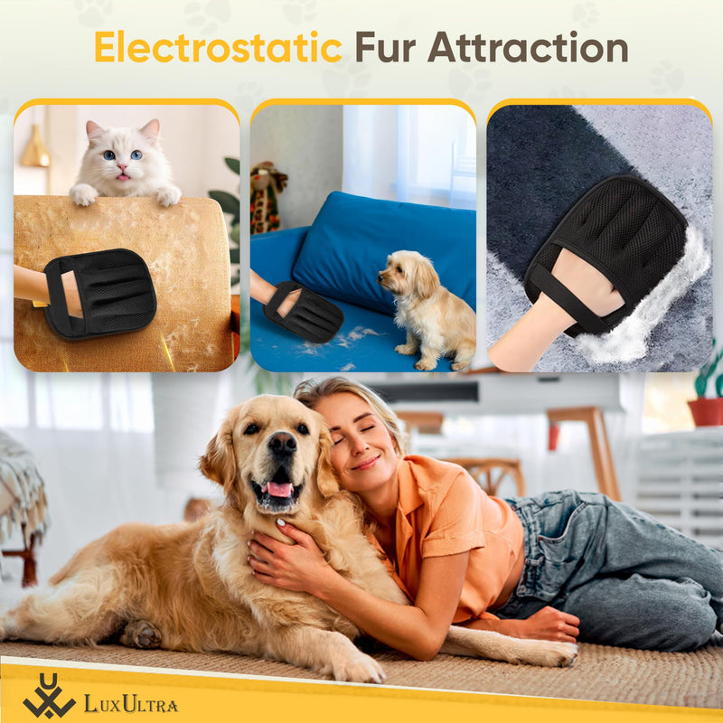 Pet Hair Removal Glove 2 Pack - Electrostatic Cat Hair Remover for Couch Furniture | Dog Hair Remover Magic Brush Reusable | Pet Hair Remover for Clothes Laundry Carpet Car Seat [with Grooming Brush] - PawsPlanet Australia