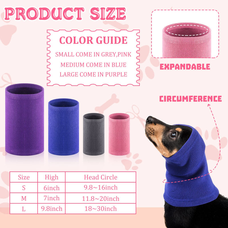 Saintrygo 4 Pcs 3 Size Snoods for Dogs Pet Dog Ear Wrap Cover Dog Sound Proof Ear Muffs for Dogs Barking and Bathing Warm Winter Dog Ear Scarf for Calming Pet(Gray, Pink, Blue, Purple) Gray, Pink, Blue, Purple - PawsPlanet Australia