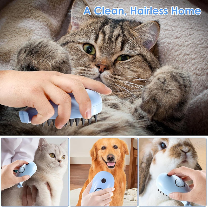 3 in 1 Cat Steamy Brush with Care Solution 2Pcs - Electric Spray Grooming Comb for Cats Dogs, Steaming Silicone Massage Brush - Self Cleaning Pet Hair Remover - Blue & Purple - PawsPlanet Australia