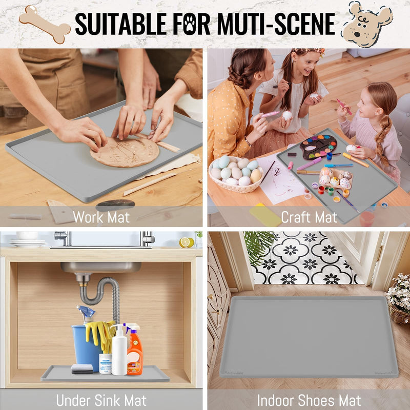MateeyLife Dog & Cat Food Mat for Floors Waterproof, Nonslip Dog Bowl Mats for Food and Water, Dog Feeding Mats with Raised Edges, Silicone Dog Water Matt Tray for Messy Drinkers, 18"x12", Grey 18''×12'' Grey-1PC - PawsPlanet Australia