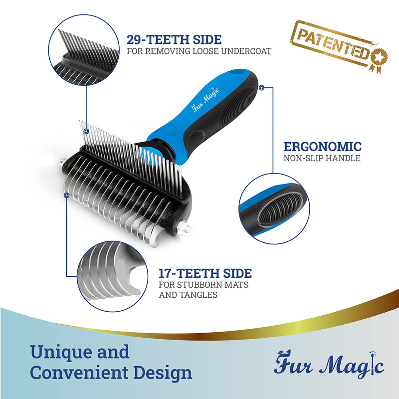 Fur Magic Deshedding and Dematting Comb Double Sided Undercoat Rake Pet Grooming Brush Removing Mats, Knots & Tangles for Dogs and Cats with Long and Medium Hair, Blue