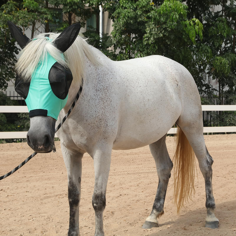 Horse Fly Mask with Ears - Large Eye Space for Full Vision, Breathable Stretch Comfort Fit, UV Protection, Forelock Opening, Easy Pull-On Green Full