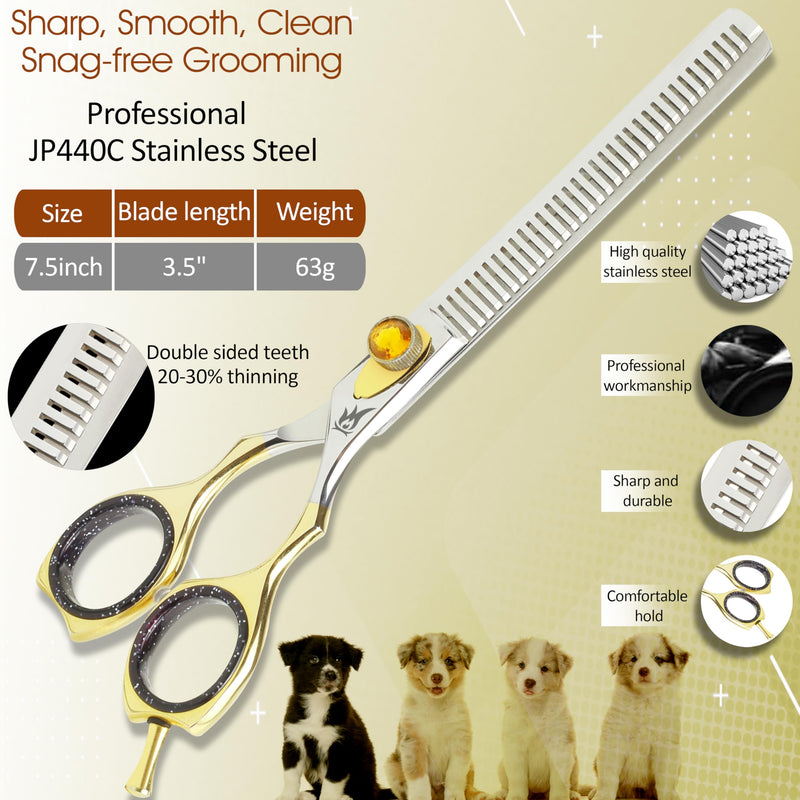 Dog Grooming Scissors – 7.5” Thinning Shears with 34 Teeth, Chunkers for Dogs & Cats, Precision Cut with 440C Stainless Steel, Designed for Groomers and Pet Owners Golden/Polish Thinning Scissors - PawsPlanet Australia