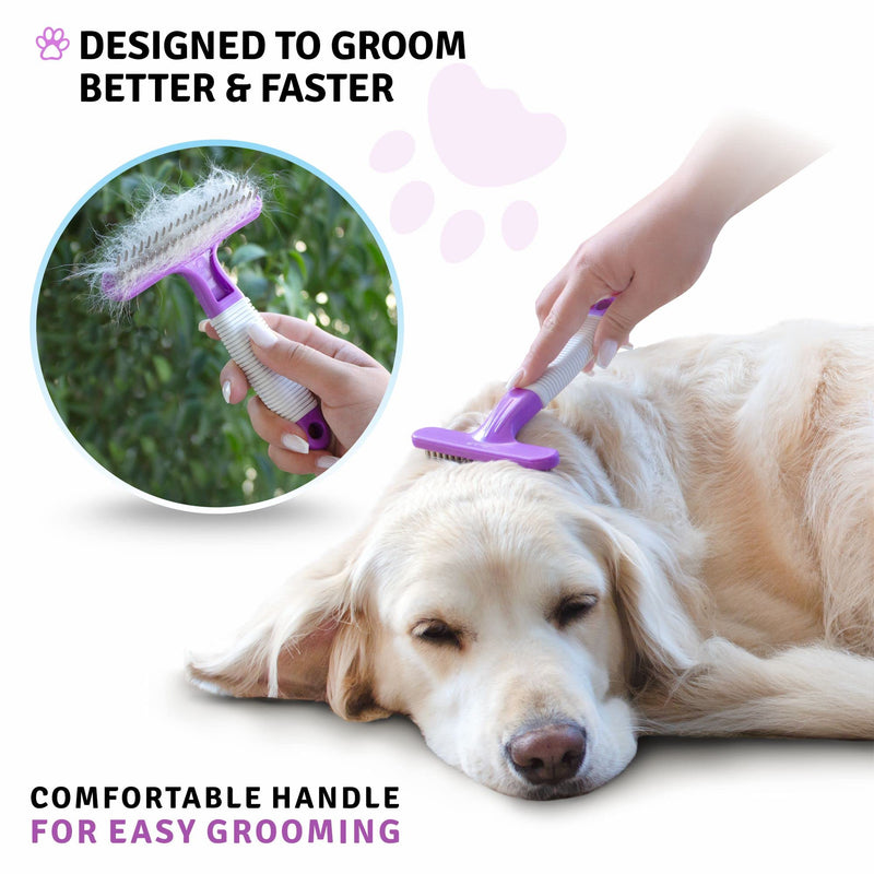 Poodle Pet Dog Grooming Rake| Dematting Tool with Stainless Steel Shedding Comb for Pets | 2 Rows of Pins Gently Remove Loose or Tangled Hair from Undercoat | Purple Handle - PawsPlanet Australia