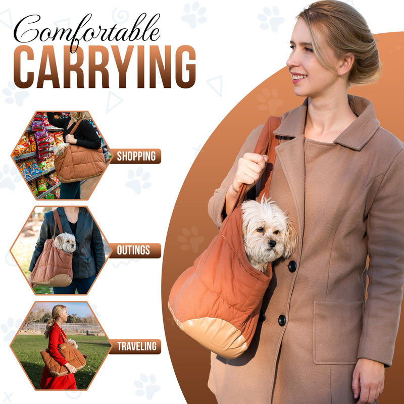NoblePup Plush Dog Purse Carrier for Small Dogs, Soft Dog Tote Bag with Safety Harness Clip, Cozy Pet Carrier for Dogs Under 15 lbs, Comfortable Shoulder Carrier for Travel, Brown 2.0