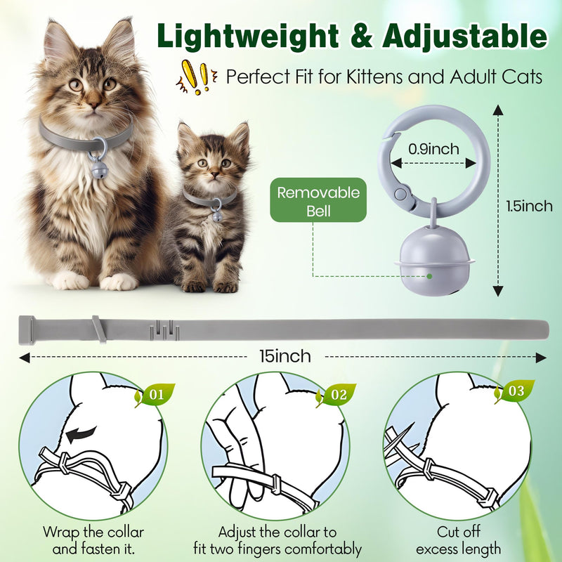 Plant Based Flea and Tick Collar for Cats and Kittens, Long Lasting Flea Prevention, Essential Oil Cat Collar, Adjustable Lightweight Design with Bell(2 Packs,Grey) 2 Grey