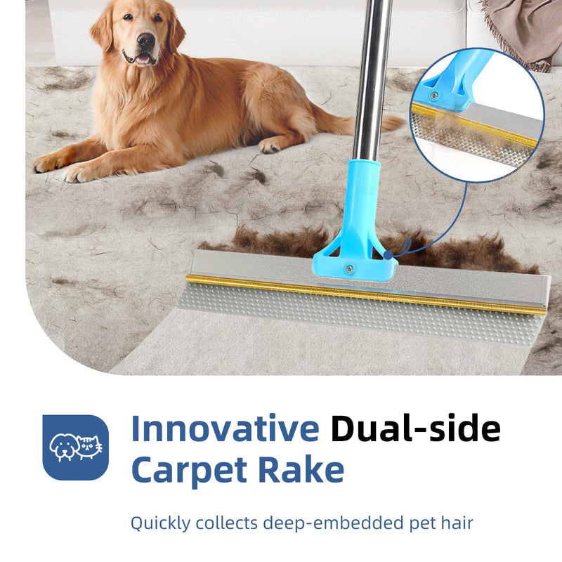 Carpet Rake for Pet Hair Removal - 54" Adjustable 2 in 1 Carpet Broom with Copper Rake Scraper & TPU Brush, Reusable Cat Dog Hair Remover Tool for Deep Cleaning Carpets, Rugs, Mats, and Stairs (Blue) Blue Pro+Mini+Glove - PawsPlanet Australia