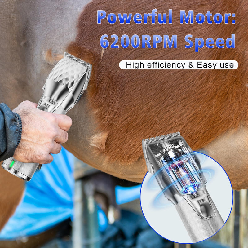 Rechargeable Horses Clippers, Cordless Pet Hair Trimmer Shaver with 6 Guide Guards, 2500mAh Large Battery Capacity Electric Grooming Kit for Livestock Animal Thick Coat, Light Weight 0.8lbs Silver - PawsPlanet Australia