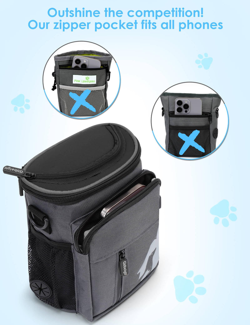 Gobeigo 【8 Cup Dog Treat Pouch 【3 Ways to Wear 】 Treat Bag for Training & Walking, Built-in Poop Bag Dispenser, Large Phone Friendly (Gray & Black) Gray/Black - PawsPlanet Australia