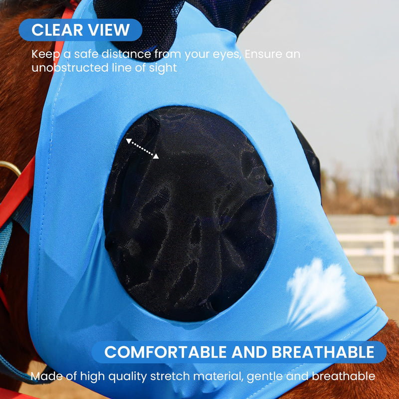 Fly Masks for Horses with Ears UV Protection, Elasticity Horse Fly Mask with Big Mesh Eye Covers - Breathable Comfort Fit Riding & Competition Blue Large Sky Blue