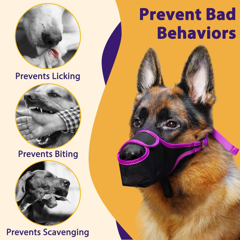 LUCKYPAW Dog Muzzle, Mesh Muzzle for Large Medium Small Dogs with Front Opening Design, Dog Mouth Cover to Prevent Biting, Licking, Chewing, Scavenging, Allows Drinking Panting(Purple,S) Purple S-Snout:7¾-8¾"