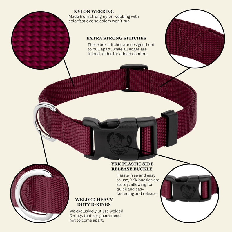 Country Brook Petz - Everyday Nylon Dog Collar for Large, Medium, and Small Dogs and Puppies - for Everyday Use in 10+ Warm Colors (Large, 1 Inch Wide, Burgundy) Large (Pack of 1)