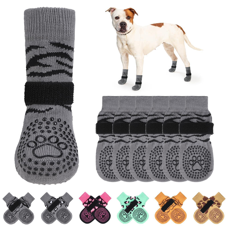 KOOLTAIL Dog Socks for Hardwood Floors to Prevent Licking Anti Slip, Tiger Print Dog Socks for Hot/Cold Pavement, Paw Protector with Grippers Dog Shoes Booties for Small Medium Large Senior Dogs L Tiger Grey2