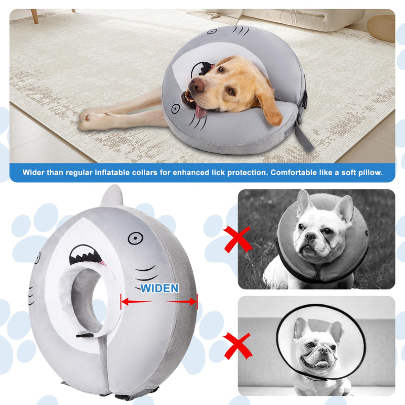 Dog Cone Inflatable Widen Dog Neck Donut Collar, Soft Cone Alternative After Surgery for Large Medium Small Dogs to Stop Licking, Shark, X-Large Grey Shark