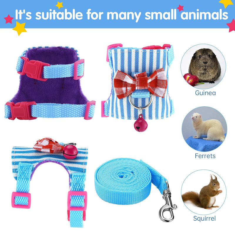 2 Pieces Hamster Harness and Leash Set for Walking, Small Guinea Pig Clothes with Bowknot Bell, No Pulling Comfort Padded Vest Striped for Guinea Pig Hamster Ferret, Small Animals (Blue, Pink,S) S Blue, Pink