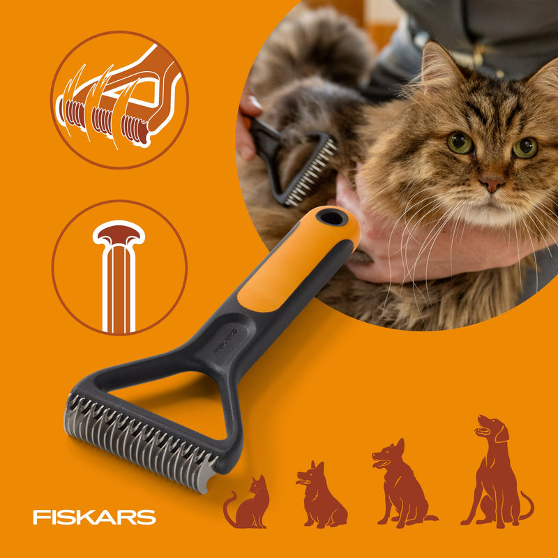 Fiskars Pet, Cat and Dog Brush, Fine Bristles & SoftGrip Handle for Gentle Grooming and Deshedding, Cat and Dog Supplies, Orange/Black Dematting Rake