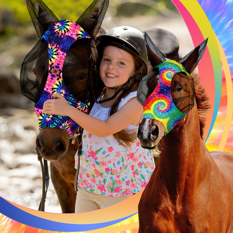 Frienda 4 Pcs 4th of July Horse Fly Masks with Ears Face Covering UV Protection from Insect Pests Elasticity Smooth Comfortable Mesh Horse Mask Accessories(Tie-dye,Large) Tie-dye Large