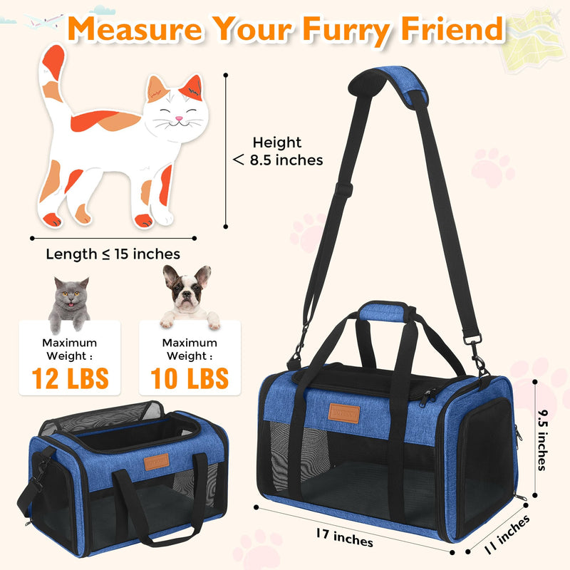 PETUX TSA Approved Pet Carrier in Cabin, 17"x11"x9.5" Soft Cat Carriers for Small Cat up to 12 lb, Top-Open Portable and Breathable Pet Carrier Airline Approved for Travel and Vet Visit, Blue 17.0"L x 11.0"W x 9.5"H - PawsPlanet Australia