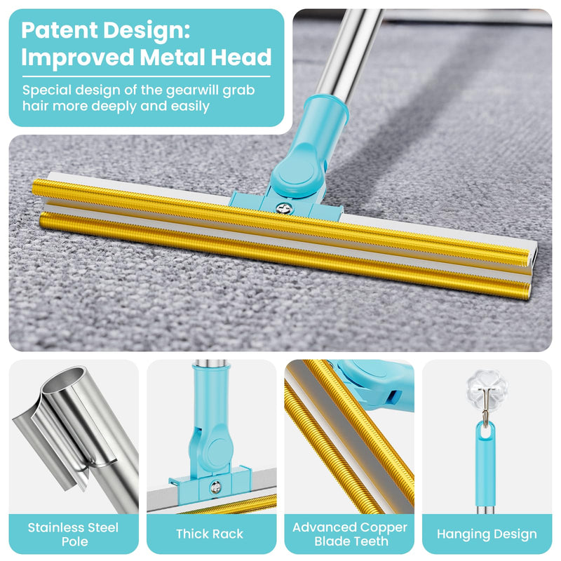 3 in 1 Carpet Rake for Pet Hair Removal, Tool Set of 3, 55” Long Handle Carpet Pet Hair Removal Carpet Scraper Dog Cat Hair Remover for Sofa, Couch, Car, Rug Blue - PawsPlanet Australia