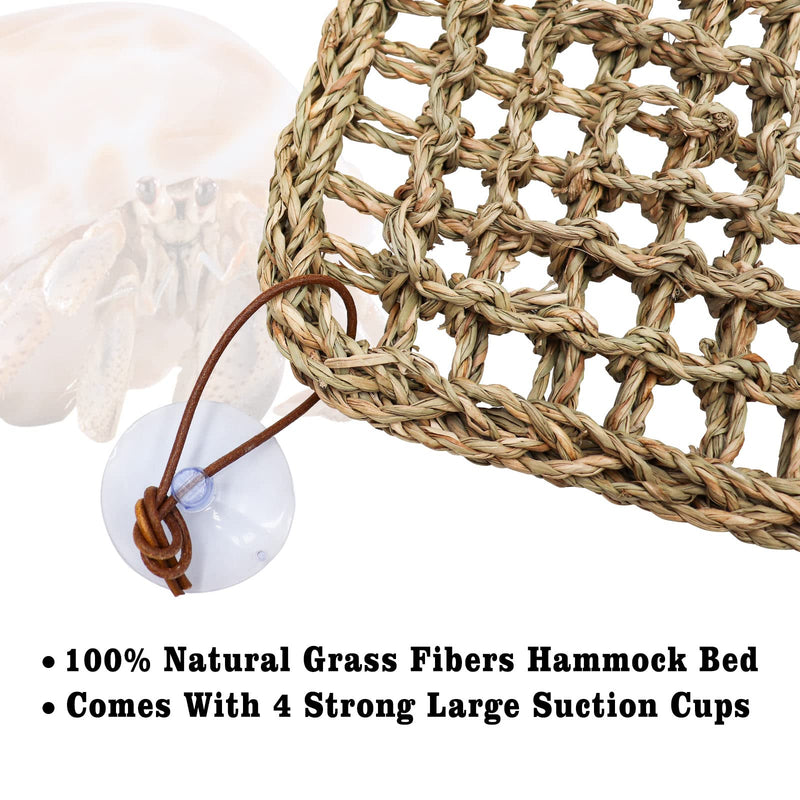 Hermit Crab Climbing Toys, Seagrass Mat Lizard Hammock with Suction Cup, Natural Seagrass Woven Net, Tank Accessories for Small Reptiles Hermit Crab Lizard Hamster Guinea Pig Rats 7.1 x 7.1 Inches Square