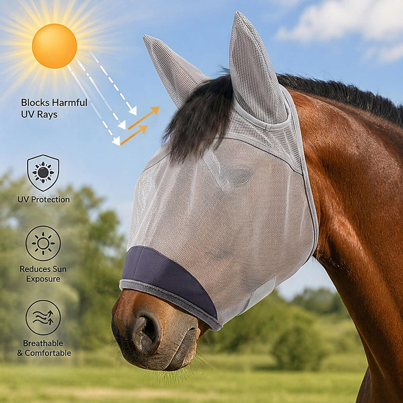 Horse Fly Mask with Ears - UV Protection Fine Mesh Super Comfort Fly Masks for Horses, Adjustable Breathability Horses Masks, Pony Equine Fly Mask for Miniature Foal Draft Cob Srabian Full (Gray, L) Grey