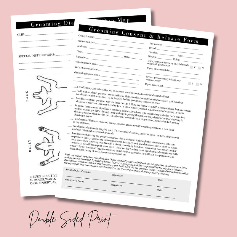 Pet Grooming Consent and Skin Mapping Groomers Diagram | 75 pk, 8.5 x 11” A1 | for Mobile Appointment Cards for Matted Fur Cards Dog Groomer New Client Intake Forms - PawsPlanet Australia