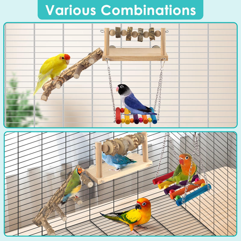 4 Pcs Bird Perch with Swing, Parrot Perches Platform with Chew Blocks, Natural Climbing Ladder Bridge Colorful Hammock for Budgies, Cockatiels, Lovebirds, Finches 4 in 1 - PawsPlanet Australia