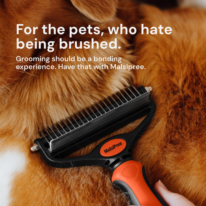 MalsiPree Dog Grooming Brush - 2 in 1 Deshedding Tool & Undercoat Rake for Long & Short-Haired Pets - Dematting Comb & Hair Deshedder Supplies (Large, Orange) for Shedding - PawsPlanet Australia