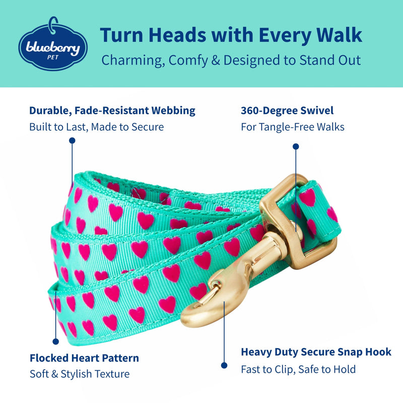 Blueberry Pet Valentine's Day Dog Leash, Velvety Soft-Touch Heart Flocking Lead for Small Dogs, Minty Green, 5 ft x 5/8" Flocking Print - Minty Green - PawsPlanet Australia