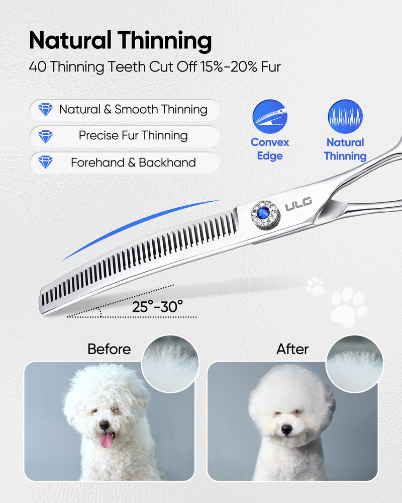 ULG Curved Thinning Dog Shears for Grooming, 7 Inch Professional Curved Thinning Dog Grooming Scissors for Blending and Thinning, 40-Tooth 15%-20% Rate 440C Stainless Steel Pet Hair Scissors 7.0 Inch (Thinning)