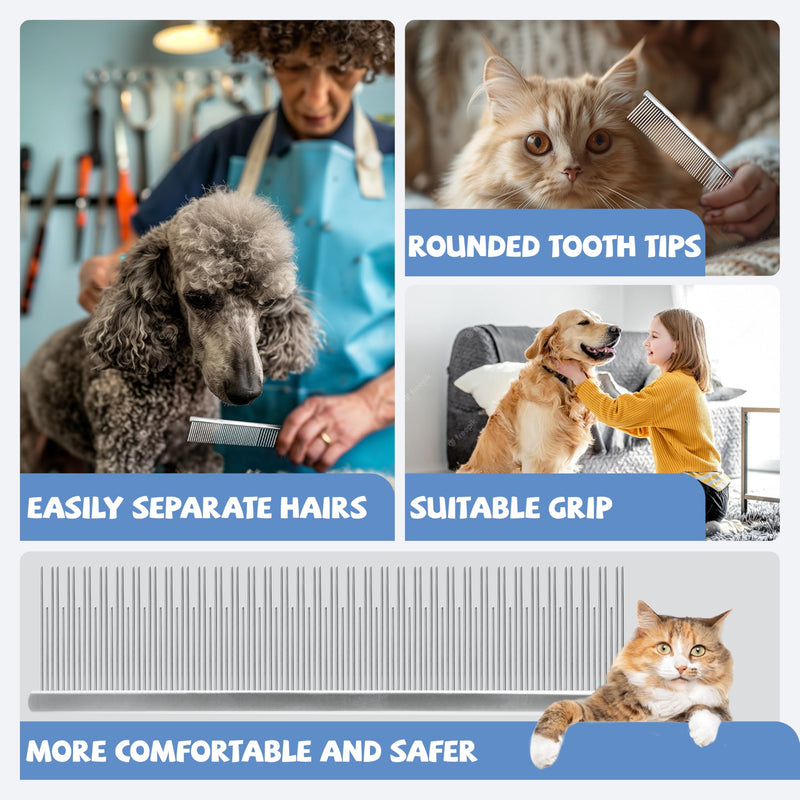 Professional 7.5 In Dual Tooth Pet Grooming Comb for Long-Haired Cats and Dogs, Metal Dematting Tool for Tangles, Knots, Undercoat and Excess Hair, Rounded Corners for Safe Deshedding and Detangling Large - PawsPlanet Australia