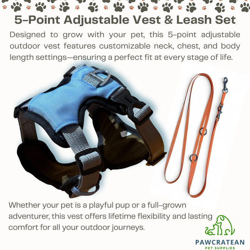 Cat 5-Point Adjustable Harness and Leash Set, Sky Blue Polyester, 5-Point Adjustable Vest with Reflective Lines Prefect for Outdoor Soft Comfortable (Medium) Medium