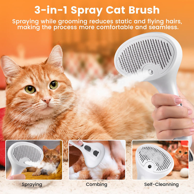 Pet Steam Brush for Dog & Cat, 4 in 1 Self Cleaning Cat Steam Brush for Shedding, Mist Spray Hair Removal Comb for Long Haired Pet Grooming, Effectively Prevents Flying Fur and Reduce Static