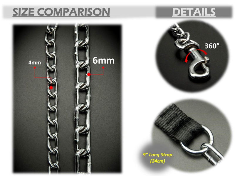 6mm Thick Heavy Duty DOG CHAIN Leads NYLON STRAP – Chew Proof Hook, Outdoor Camping Accessories, Leashes, Training Lead for Dogs – SHORT CHAIN for Large Dogs (Black, 500gm) Black 6mm