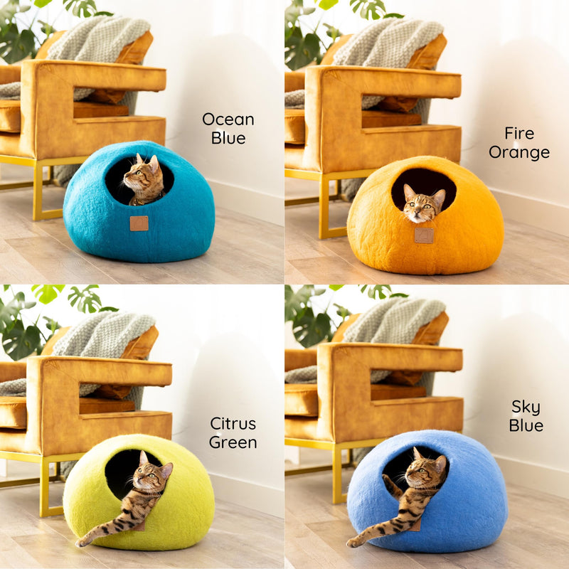 Best Aesthetic Cat Bed - Premium Felted Wool Cat Cave Bed - Cozy Peekaboo Round Cave for Large or Small Cats (Large, Ocean Blue) - PawsPlanet Australia