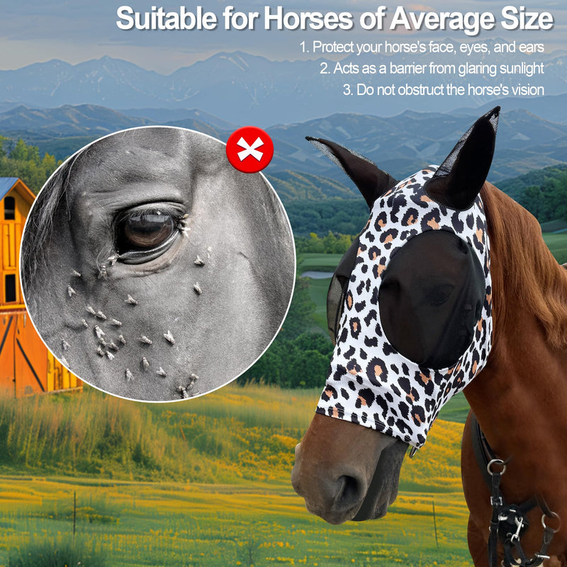 Horse Fly Mask with Ears - Equine Fly Mask for Horses with Sunlight Protection, Large Eye Space with Breathable Elastic Fabric, Funny Horse Mask Suitable for Average Size Horses Leopard Print Medium - PawsPlanet Australia