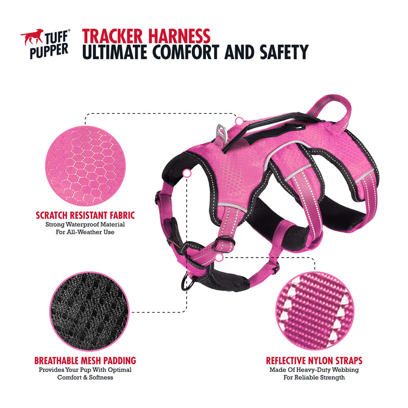 Tuff Pupper Updated for 2024 - Tracker No Escape Dog Harness | Dual Escape Proof Leash Attachments | 5 Point Adjustable Fit Harness for Dogs | Padded Dog Harness for Comfort | Handle Dog Lift Harness Medium (Neck: 18-21" , Chest: 21-28") Hot Pink - PawsPlanet Australia